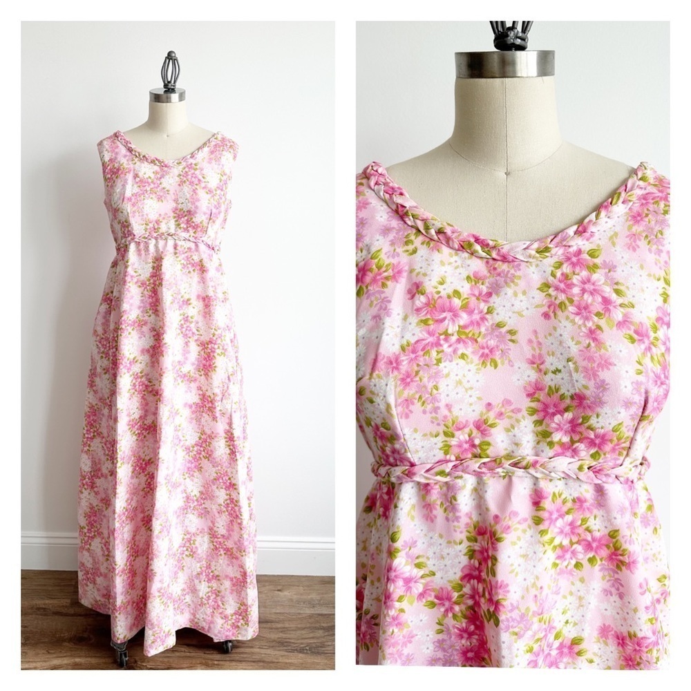 Vintage Handmade Maxi Dress Floral Pink Size Medium